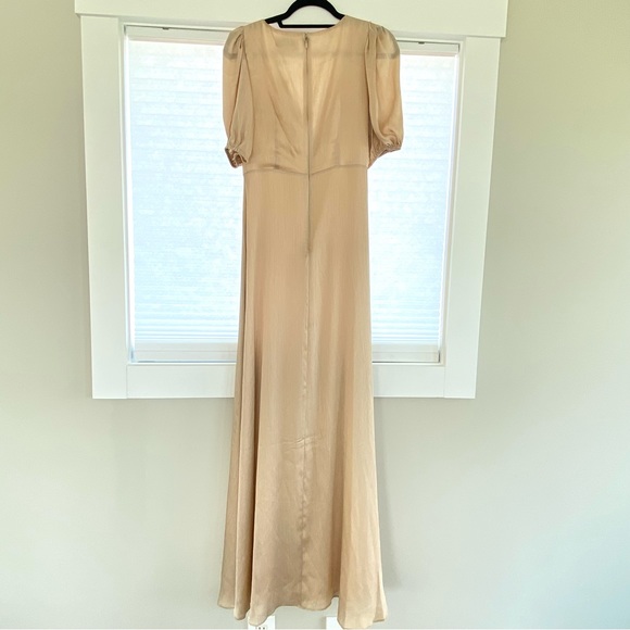 Sachin + & Babi Alli Puff Sleeve Champagne Gown Dress 4 V Neck Textured Satin - Picture 5 of 11